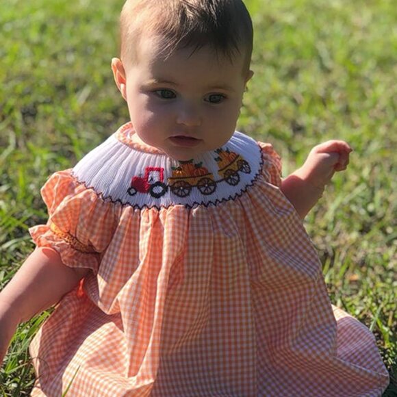 New Thanksgiving Pumpkins Girls Bishop Smocked Dress Orange Plaid Fall Tractor - Picture 3 of 7